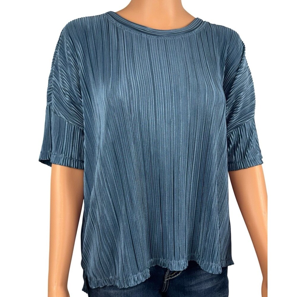 Andrew Marc Womens Large Top Blouse Short Sleeve Plisse Ladies Blue New